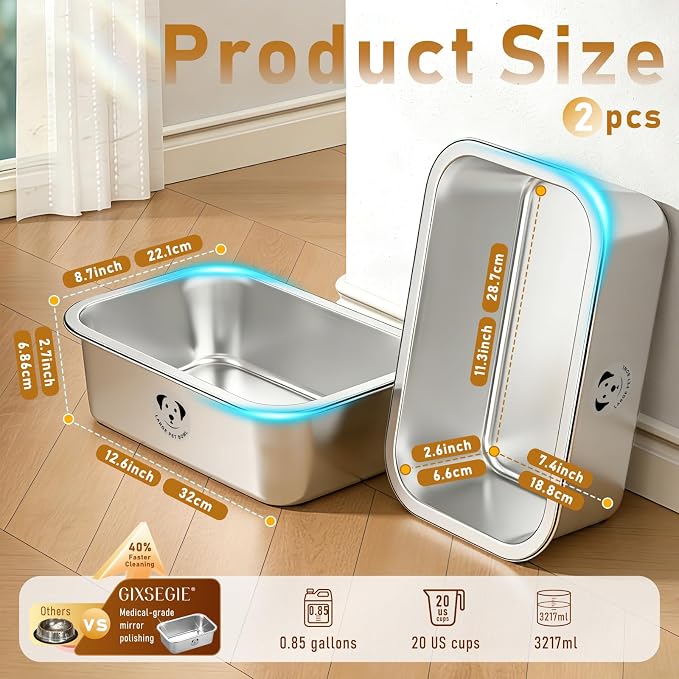 2-Pack Stainless Steel Large Dog Water Bowl, Spill-Proof Metal Dog Food Bowls, Easy Clean Outdoor Dog Water Bowl for Medium Large Dogs, X-Large & Cats 0.85 Gallons