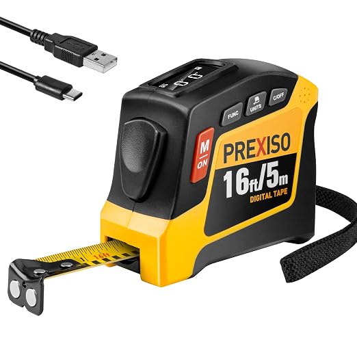 PREXISO 2-in-1 Digital Tape Measure - 16Ft Rechargeable Measuring Tape Ft/Ft+in/in/M/CM/MM - Metric & Inches Retractable Measurement Tape Tool with Auto Lock & Magnetic Tip - Pythagorean, Area, Volume