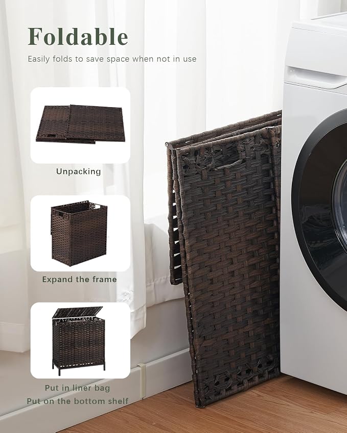 SETVSON Laundry Hamper with Lid, 35 Gal 3-Bag Clothes Sorter, Brown | Large Family Laundry Trunk with Lid, 3 Compartment Sorting Liner, 6 Wash Bags, Elevated PE Rattan Bin with Handles