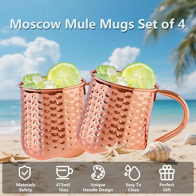UNISWEET Moscow Mule Pure Copper Mugs - Set of 4-100% Pure Copper Hammered coffee cup, Perfect For Wine, Beer, Cold Drink, Bar, Party, Gifts (Big Belly Copper Mugs)