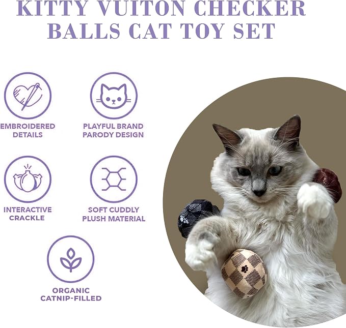 Haute Diggity Kitty Vuiton Checker Balls Set, Plush Cat Toys Catnip Filled with Interactive Crackle Sound, Safe & Durable Toys for Cat & Kitten, 3 Pcs