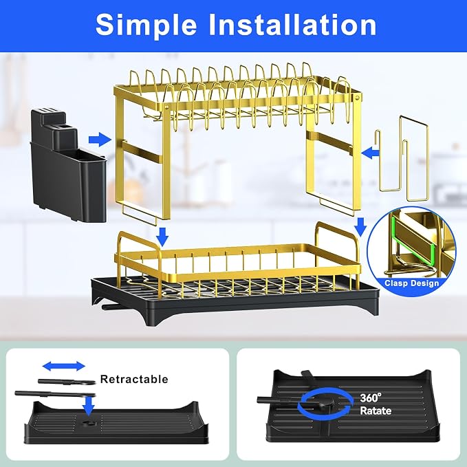Dish Drying Rack Gold, Multifunctional Dish Racks for Kitchen Counter | with Drainboard 2 Tier Dish Drainer Large Capacity for Knifes/Cup/Cutting Board