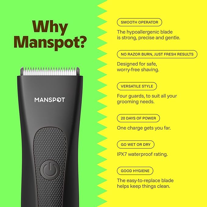 MANSPOT Manscape Groin & Body Hair Trimmer for Men, Electric Pubic Shaver | Replaceable Ceramic Blade, Ball Razors for Men, Manscape Kit with 4 Guards, IPX7 Waterproof, Wet/Dry Use, 90-Minute Shaving