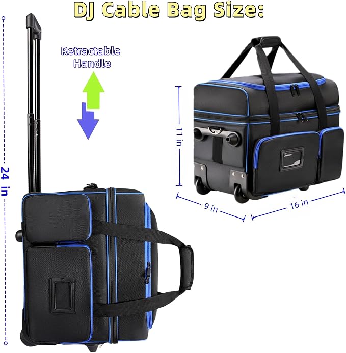 DJ Cable Organizer Bag with Wheels,Soft Gig Bag for DJ Equipment with 9 Detachable Dividers, Medium Padded Soft Storage Case with Multiple Pockets for Microphone, Cord, Headset & Music Accessories