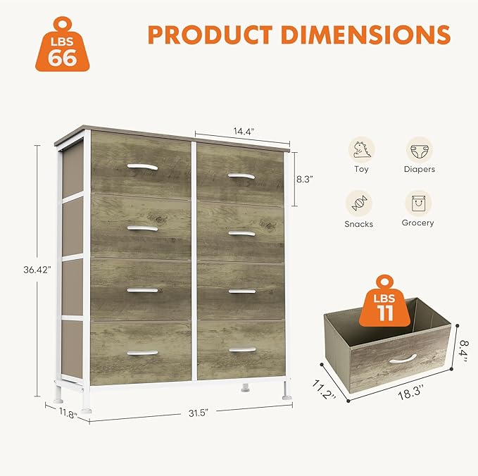 Sweetcrispy 8 Drawer Dresser for Bedroom, Large Fabric Storage Tower | Organizer Chest of Drawers with Metal Frame and Wooden Top for Nursery Closet Living Room Entryway, Oak Finish