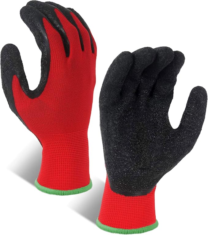 Evridwear Crinkle Latex Rubber Hand Coated Safety Work Gloves for Men Women General Multi Use Construction Warehouse Gardening Assembly Landscaping,Red X-Large 12 Pairs Pack