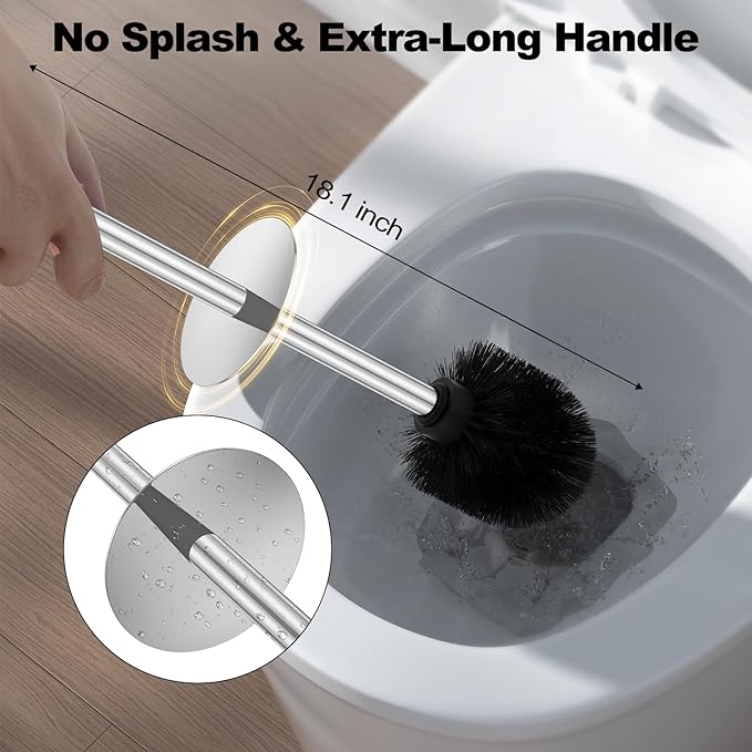 Silver Toilet Brush and Holder Set，Stainless Steel Heavy Duty Toilet Bowl Brush，Extra Long Handled Modern Toilet Cleaner Brush with Replaceable Head, Removable Inner Bowl, and Splash Protection