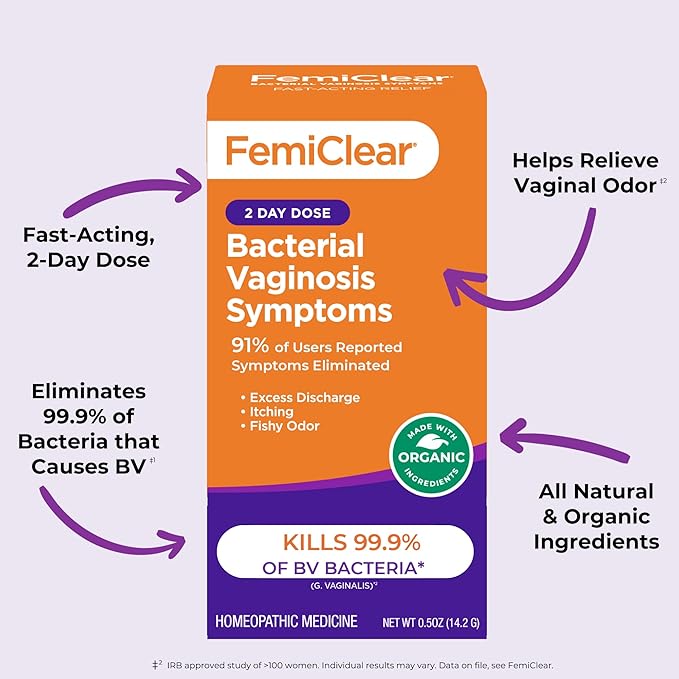 FemiClear Bacterial Vaginosis Symptoms Ointment, 2-Day Dose, 0.5 Oz, Fast-Acting Vaginal Relief for Odor, Itching & Discharge, Supports pH Balance & Vaginal Health, All-Natural & Organic Ingredients