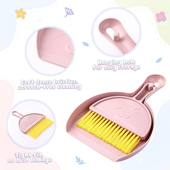 LemonRoad 24 Pcs Mini Broom and Dustpan Set with Handle Nesting Tiny Cleaning Broom Hangable Back to School Supplies for Classroom Office Desk Car Kitchen Camping Pet Area Pastel Colors
