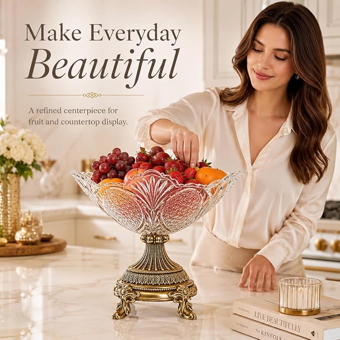 Glass Fruit Bowl，Decorative Bowl,Decorative Glass Bowl with Gold Pedestal, Kitchen Counter Fruit Bowls for Fruit Vegetable Candy and Key