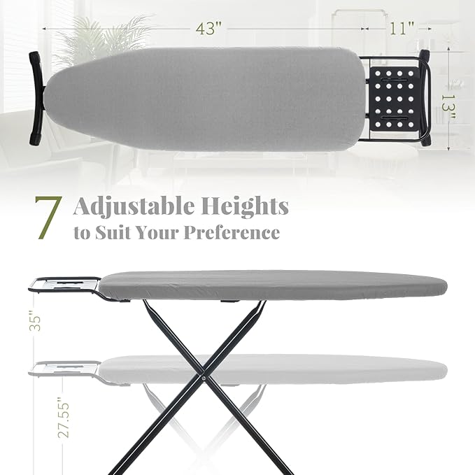 Ironing Board Full Size, RAINHOL 43"x13" Heavy Duty Compact Iron Board with Iron Rest, Height Adjustable Sturdy Iron Stand, Grey Cover with Extra Thick Padding