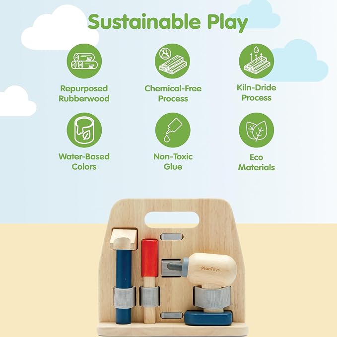 PlanToys® Wooden Handy Carpenter Set Montessori Practical Life Kids Play | hammer, screwdriver, wrench, kids tool set, girls, boys, imaginative fine motor construction learning gift preschool fun