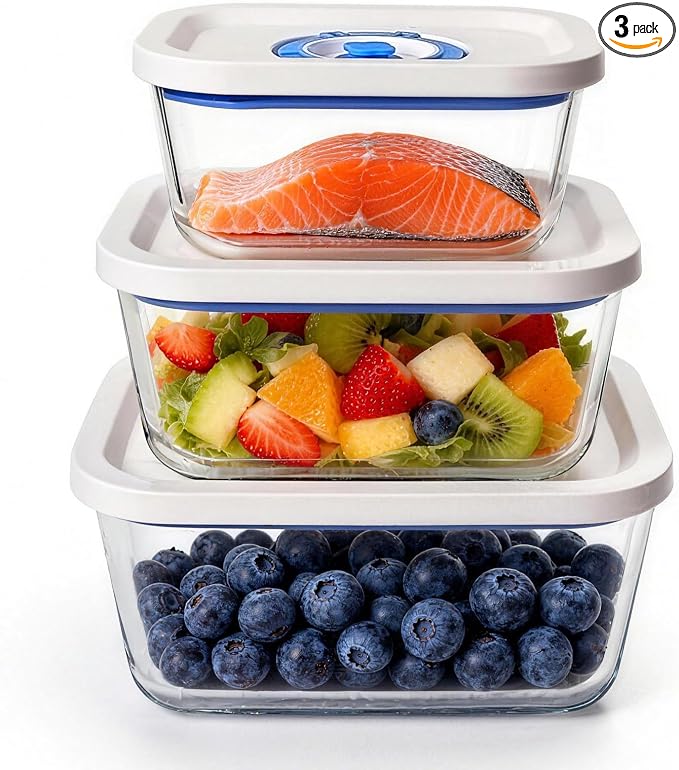 Vacuum Seal Borosilicate Glass Containers for Food Storage, 3 Sizes (S M L) Compatible with Desktop and Handheld Vacuum Sealer Machines, Airtight Lid Set