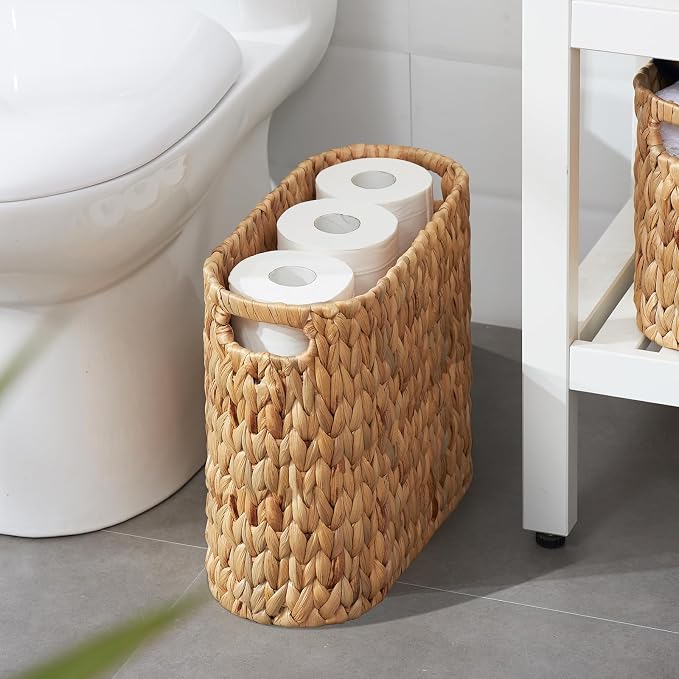 Toilet Paper Storage for 9 Rolls, Water Hyacinth Wicker Toilet Paper Storage Holder, Toilet Paper Basket with Built-in Handles