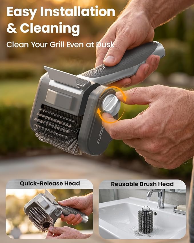 Electric Grill Brush for Outdoor Grill, Cordless BBQ Cleaner with LED Light, Scraper, Dishwasher‑Safe Bristles, 4000 mAh Battery, Rechargeable Power Grill Scrubber (Silver)