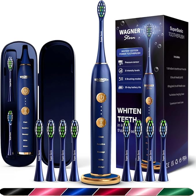 Wagner Stern WHITEN+ Electric Toothbrush, 48,000 VPM, Pressure Sensor, 5 Modes, 8 Brush Heads, Travel Case
