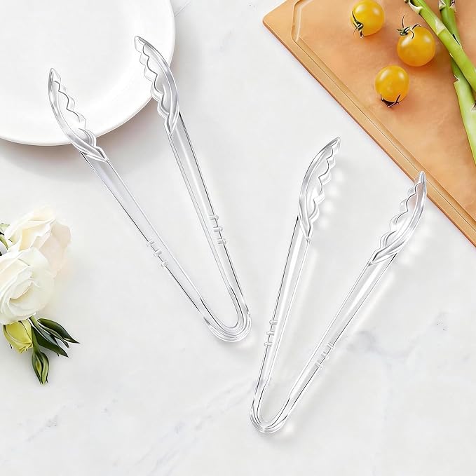 Mwellewm 24 Pc Plastic Tongs for Serving 9 Inch Bulk Reusable or Disposable Tongs Heavy Duty Hard Serving Utensils Set Large Salad Tong for Kitchen Party Food Buffet Appetizer BBQ Event Catering Clear