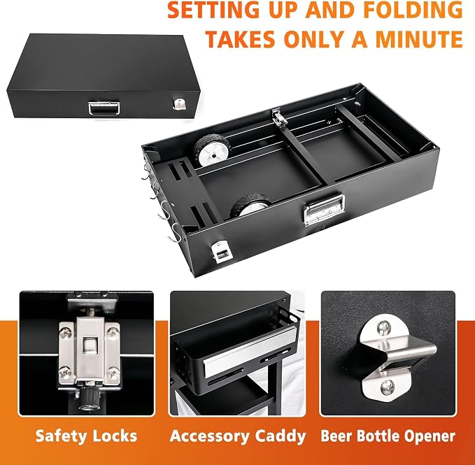 Foldable Grill Cart for Blackstone 17/22, Ninja Woodfire OG700, Ooni Pizza Oven – Portable Grill Table with Wheels, Dual-Shelf BBQ Prep Station with Caddy & Hooks, Compact Camping Griddle Stand