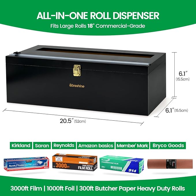 Libreshine Black 18 Inch Plastic Wrap Dispenser with Slide Cutter & Roller, Heavy Duty Bamboo Commercial Film Wrap Holder for 3000ft Food Service Cling Film, 1000ft Foil, Butcher/Freezer/Kraft Paper
