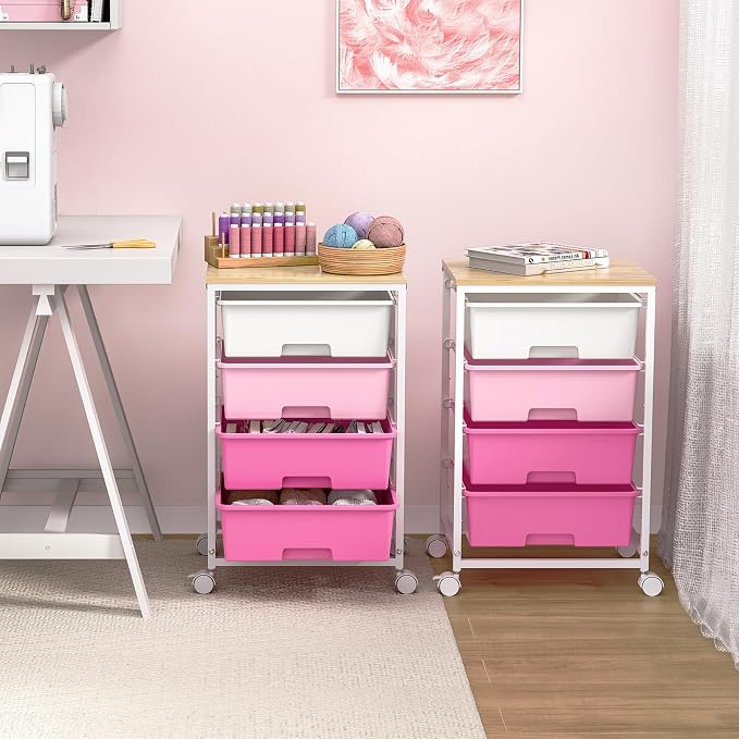SYKIARIOL Utility-Rolling-Craft-Storage-Cart-Organizer with 4 Drawers and Wooden Tabletop, 4 Tier Drawer Cart for Home Office, Kid Room, Classroom Teacher, Dorm, Pink