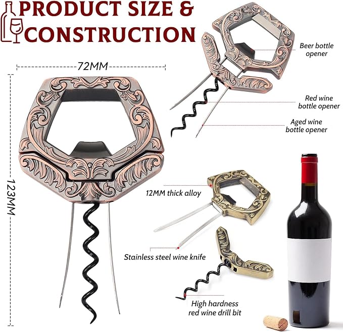 Ah So Wine Opener for Vintage Bottles, 3 in 1 Old Bottle Opener, Two Prong Cork Remover with Beer Bottle Opener, for Connoisseurs & Collectors to Uncork (Bronze)