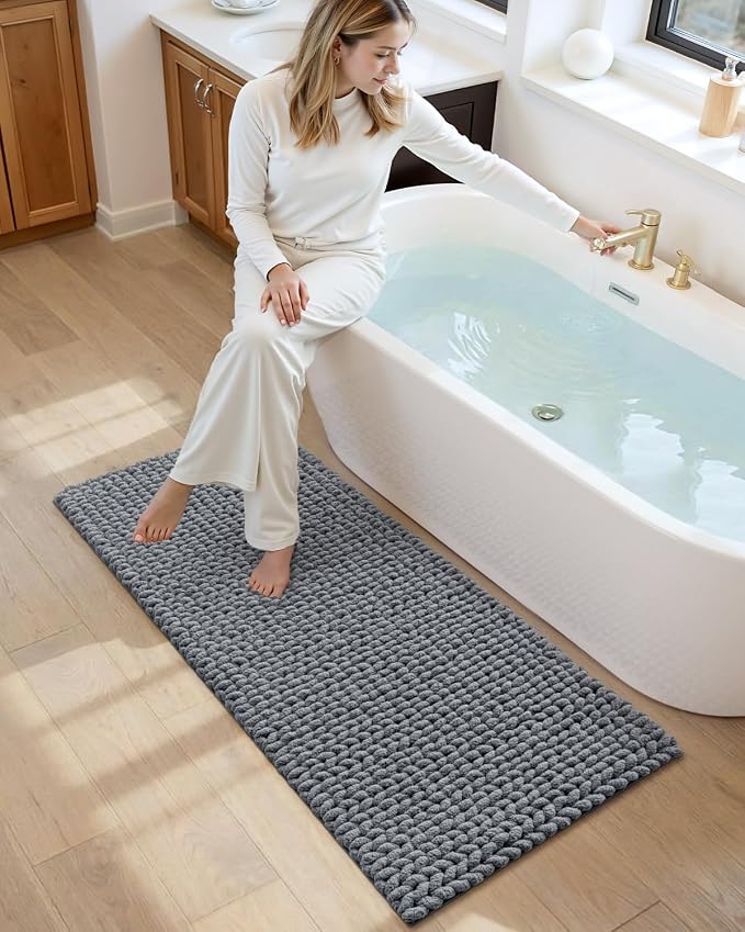 DEXI Bathroom Runner Rugs 60x24, Non Slip Washable Long Bath Mat, Luxury Chenille Super Absorbent Ultra Thick Bathmats for Shower Floor, Plush Fluffy Shaggy Carpet for Tub, Dark Grey