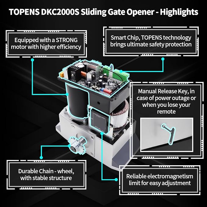 TOPENS DKC2000S Solar Sliding Gate Opener Chain Drive Automatic Gate Motor for Heavy Driveway Slide Gates Up to 4400 Pounds, Electric Gate Operator Battery Powered with Solar Panel Remote Control Kit