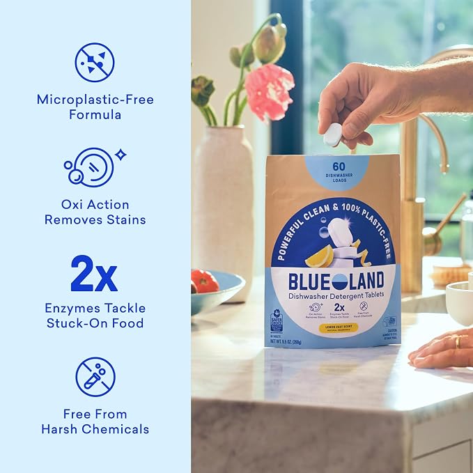 BLUELAND 100% Plastic-Free Dishwasher Detergent Tablets, 60 Count, Lemon Zest Scent, Eco Friendly Dishwashing Pods, Cuts Grease & Stuck on Food, Rinses Clean for Streak-Free Shine