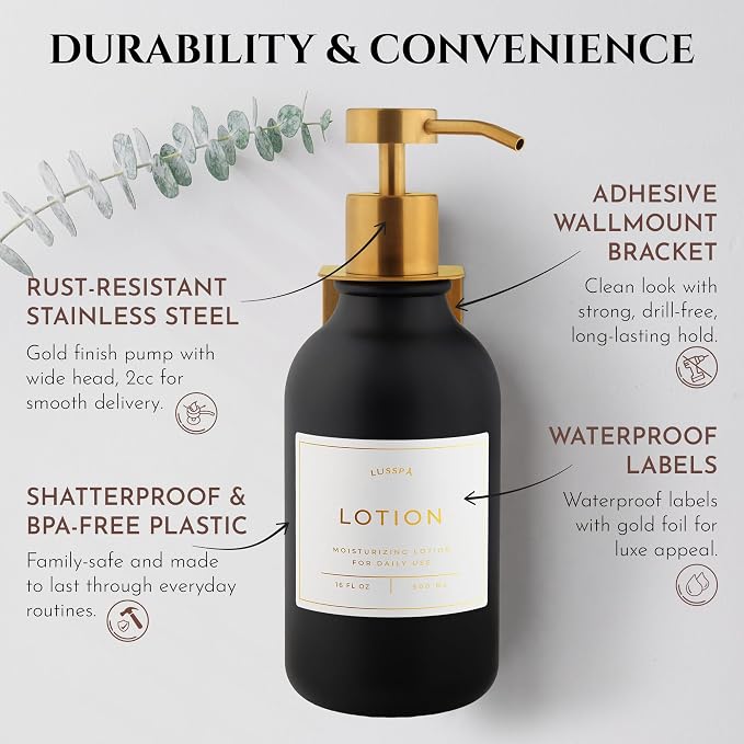 Shower Shampoo Dispenser Wall Mounted – Refillable 16.9 oz Black Bottle with Stainless Steel Pump & No-Drill Adhesive Holder – Soap Dispenser for Bathroom (1 X Black/Gold)
