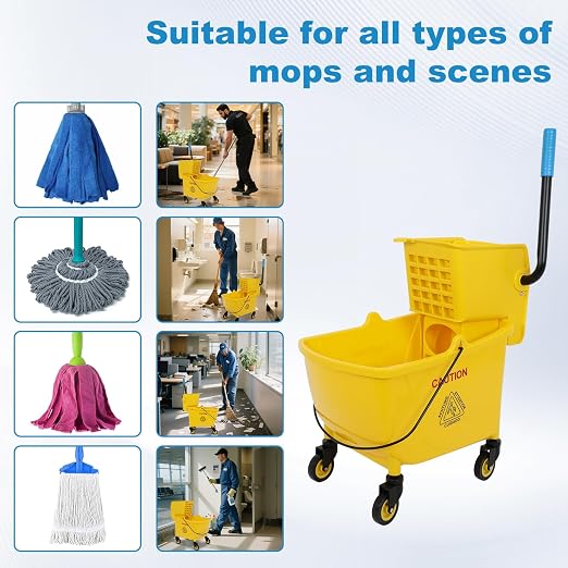 35 Qt Commercial Mop Bucket with Side Press Wringer on Wheels and Mops Set for Floor Cleaning, Industrial Mop and Bucket Set for Home, Restaurant, Shopping Mall,Yellow