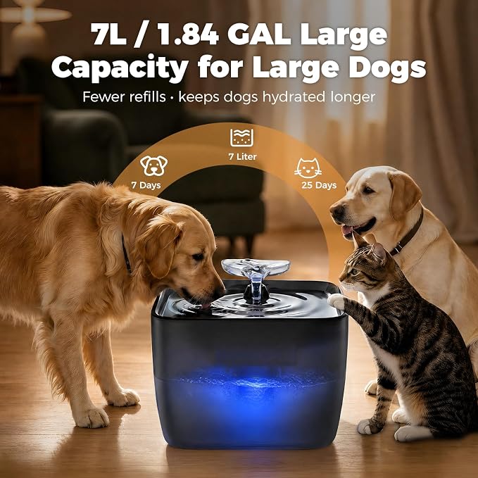 Pet Water Fountain for Large Dogs & Cats, 7L/1.84Gal, Quiet Automatic Pump | Large dog water bowl dispenser for multi-pet households,easy to clean,visible water level, no spill, recirculating system