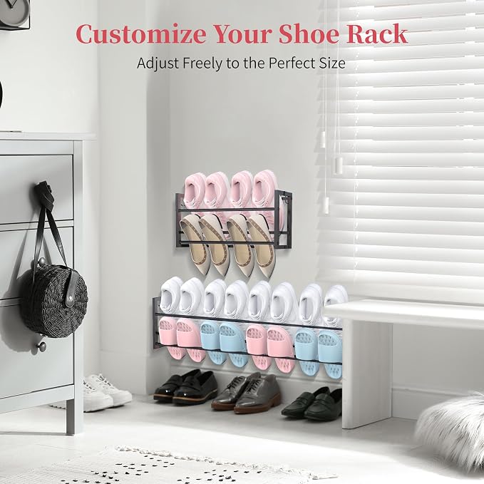 2 Pack Wall Mounted Shoe Rack for Narrow Spaces, Hanging Shoe Rack Holds 16 Pairs, 17"-30"Adjustable Heavy Duty Wall Shoe Storage with 4 Storage Hooks, Space Saving for Closet Entryway Door, Black