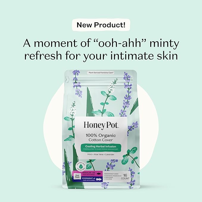 Honey Pot - Herbal Sanitary Pads for Women - Regular & Overnight Flow w/Wings - Infused w/Essential Oils for Cooling Effect & Organic Cotton Cover – Medium Pack - Feminine Care - 16 ct