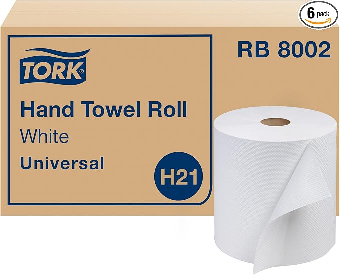 Tork Universal Hand Towel Roll White, Compatible with H21 Dispensers, 100% Recycled Fiber 6 Rolls x 800 Ft (RB8002)