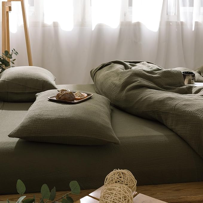 mixinni Olive Green Waffle Weave Duvet Cover Set Queen, 3-Piece 100% Natural Washed Cotton Triple-Layer Gauze Solid Bedding Set, Soft Breathable Minimalist Comforter Cover with Zipper & Ties-Queen