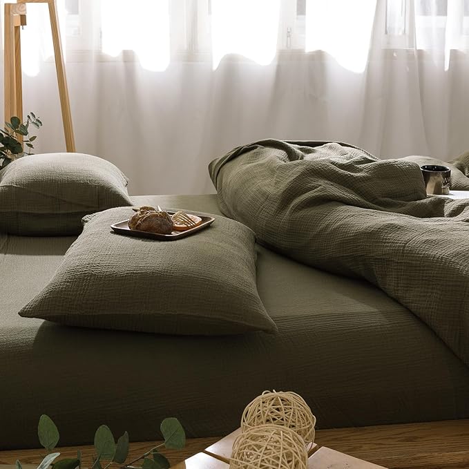 mixinni Olive Green Waffle Weave Duvet Cover Set King, 3-Piece 100% Natural Washed Cotton Triple-Layer Gauze Solid Bedding Set, Soft Breathable Minimalist Comforter Cover with Zipper & Ties-King