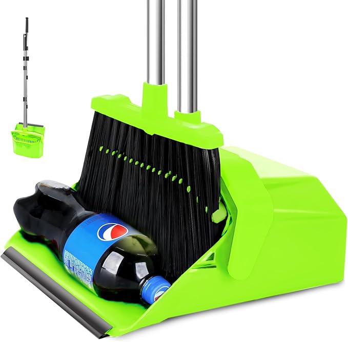 Tiumso Upgrade Broom with Dustpan Combo Set, Broom and Dustpan Set with 51'' Long Handle, Large Upright Brooms and Dust Pans, ZeroGap Lip, Self-Cleaning Teeth for Lobby and Restaurant - Light Green
