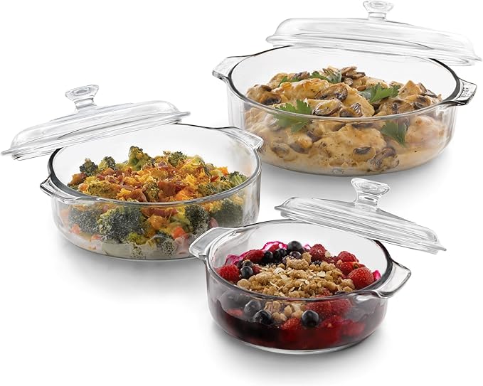 Libbey Baker's Basics Glass Casserole Dish Set with Covers, 3-Piece | Curved Pedestal Display baked goods, pastries, cupcakes, and pies with a clear cover for serving and freshness