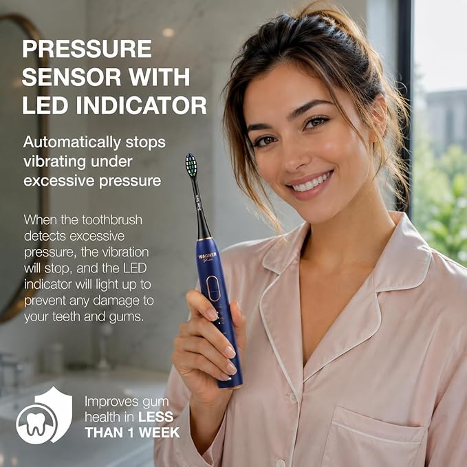 Wagner Stern IntelliBrush Series Whitening Electric Toothbrush with Pressure Sensor. Offers 4 Brushing Modes, 3 intensities, 8 Soft Brush Heads, and a Luxury Travel case.
