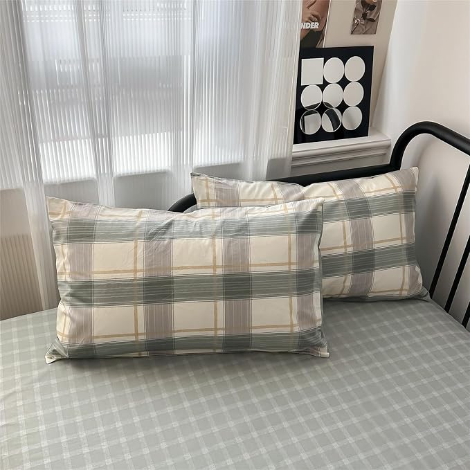 mixinni Full Size Buffalo Plaid Duvet Cover Set - 3 Piece Green White Geometric Bedding Set with Zipper Closure & Ties, 100% Washed Cotton Soft Breathable Duvet Cover for Men, Women, Teens (Full)