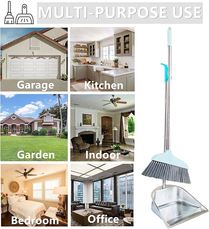Dustpan and Broom Set - 33.5" Long Handle Dust Pan Indoor Outdoor Stainless Steel Dust Pans, Household Heavy Duty Standing Dustpan and Broom for Home Room Lobby Office
