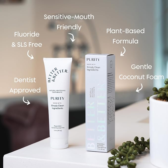 Better & Better Purity Toothpaste | Natural Whitening Coconut-Based Formula | No Additives, SLS-Free, Fluoride-Free | Organic Mint Flavor | Vegan & Antiplaque | 3.4oz