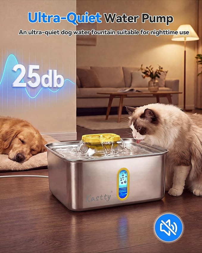 Kastty 15L/4 Gal Stainless Steel Dog Water Fountain Large Capacity,FS78 | Dog Water Bowl Dispenser with Visual Window & LED Light 5-Stage Filtration ,Ultra Quiet Pet Water Fountain Easy Clean,Yellow