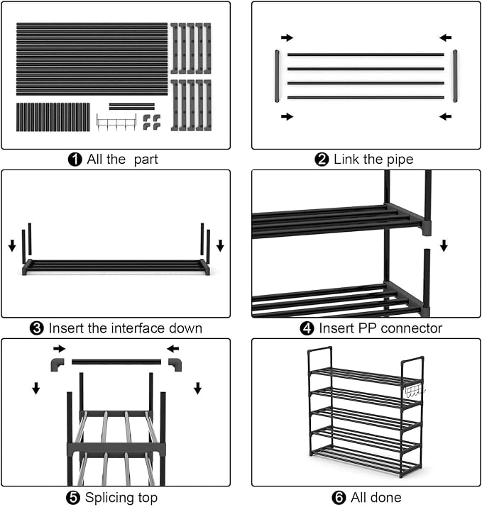 Hsscblet 5 Tiers Metal Shoe Rack,Adjustable Shoe Shelf Storage Organizer with Hooks,Stackable Boot & Shoe Storage,for Entryway,Hallway,Closet,Black