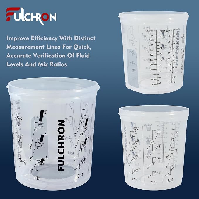 Disposable Paint Cups For Spray Gun, 20oz 125-Micron Mixing Cup With Lids | Fulchron 50PCS Paint Cup Liners with Lids, 2 Hard Cups & Adapters, Ideal for HVLP/LVLP Spray Gun 360° Spray & Less Cleanup