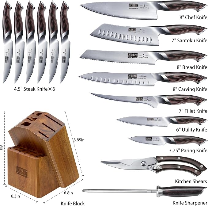 HOSHANHO 16PCS Knife Set, Ultra Sharp Japanese Kitchen Knife Set with Block | Japanese High Carbon Stainless Steel Cooking Knife set, Multipurpose Chef Knives Set with Sharpener, Ergonomic Handle, Gifts