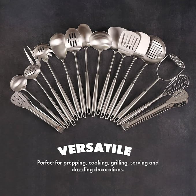 18/10 Stainless Steel Cooking Utensils Set - 16 PCS All Metal Utensils | Kitchen Tools - Whisk, Masher, Fork, Tong, Solid Slotted Spoon, Spatula, Turner, Ladle, Skimmer, Pasta, Small Large Spoon Set