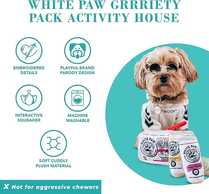 Haute Diggity Dog White Paw Grrriety Pack Activity House, Plush Designer Dog Toys with Interactive Squeaker, Stimulating Pet Enrichment, Machine-Washable & Safe Materials for All Breeds, One Size