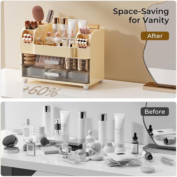 UFORU Makeup Organizer for Vanity with 2 Large Drawers, Cosmetic Display Case with Brush Holders, Easy to Storage for Bathroom Countertop Skincare, Perfume, Cream White