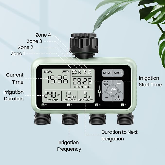 Watering Timer 4 Zone, Sprinkler Timer,Programmable Garden Outdoor Hose Faucet Timer with Rain Delay/Manual/Automatic Watering System,Water Hose Irrigation Timers 4 Outlet for Garden Lawn